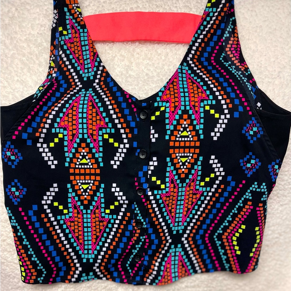 XHILARATION Crop tank top size M. Black with neon color design.